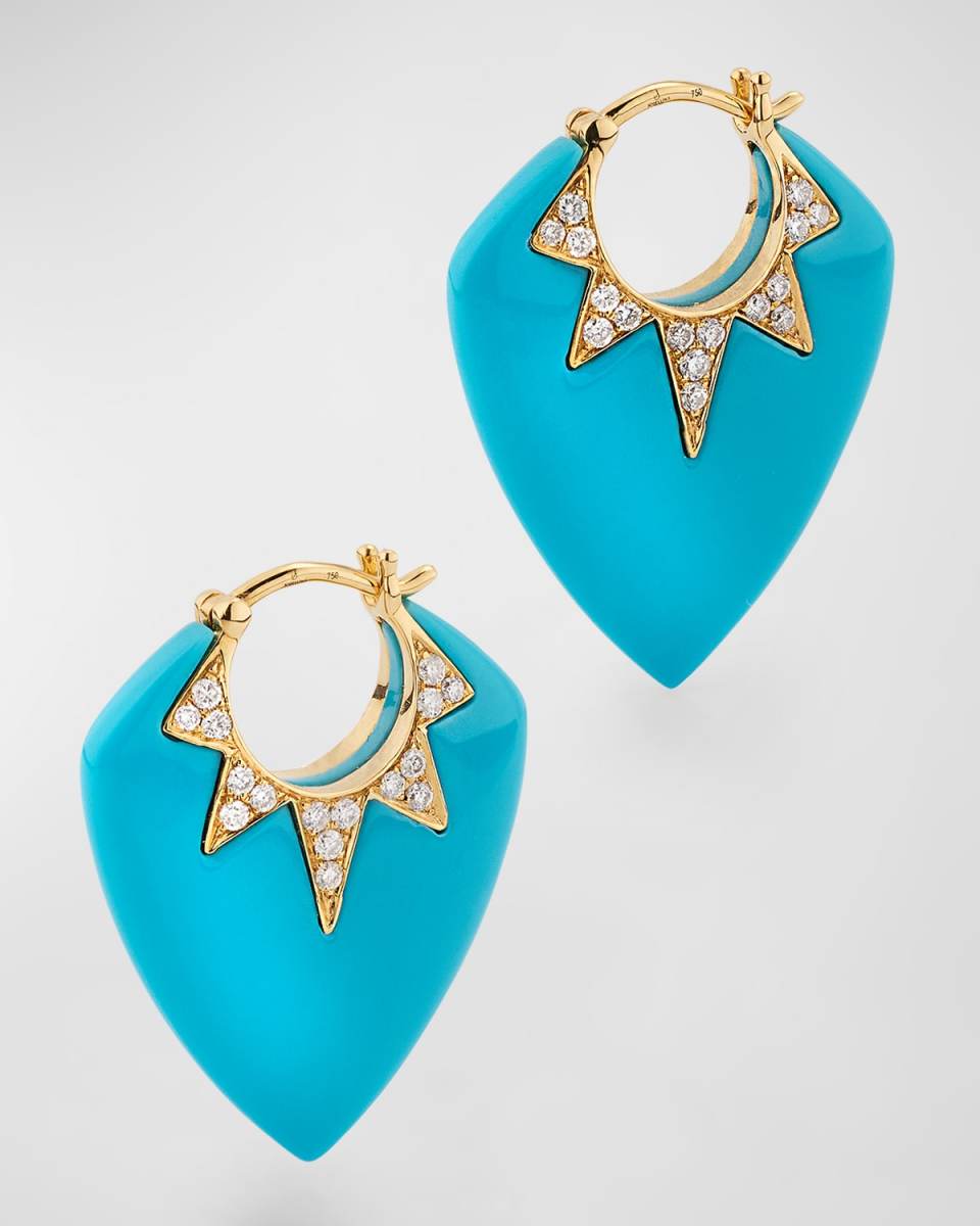 18K Yellow Gold Earrings with Turquoise and GH-SI Diamonds. 25x20mm